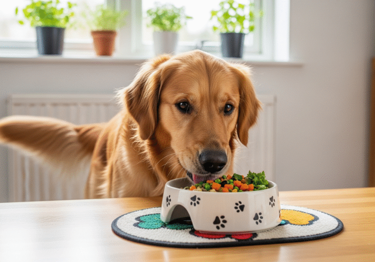 "Vegan and vegetarian dog diets - happy dog eating plant-based food"