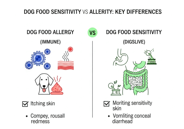 "Visual comparison chart illustrating immune-mediated dog food allergy versus non-immune dog food sensitivity vs allergy"