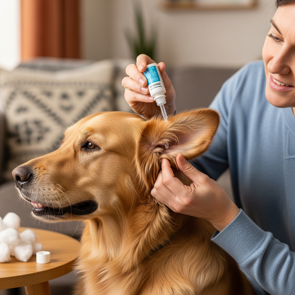 "Proper at-home dog ear infection cleaning using cotton ball and veterinary-approved ear cleaner solution with correct technique"