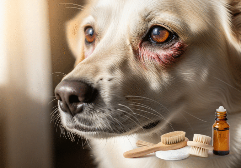 "Grooming tools and close-up of dog with tear stains before natural cleaning treatment"