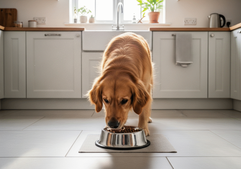 "A golden retriever eating gluten-free diets for dogs from a stainless steel bowl"