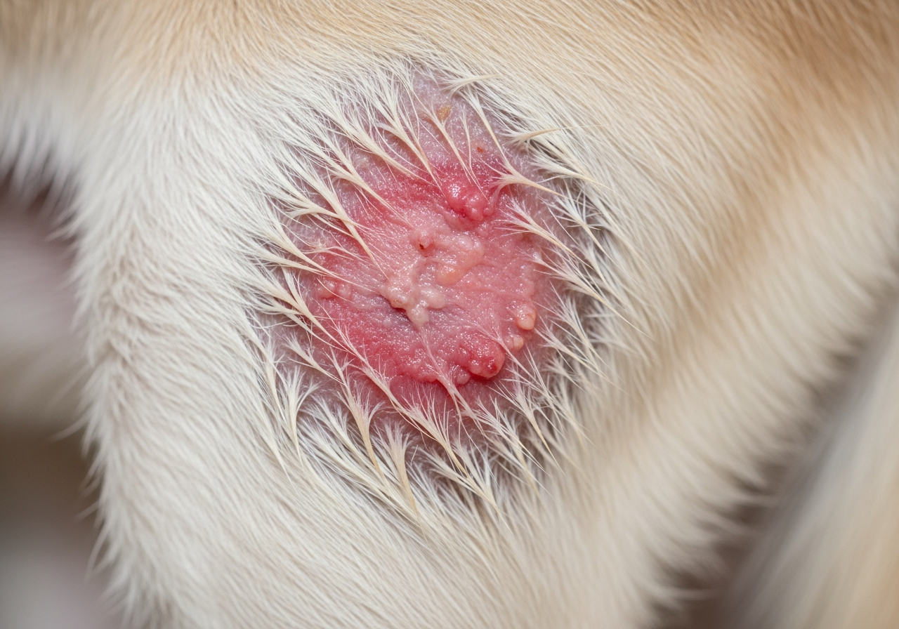 "Close-up of hot spots on dogs showing inflamed, moist red skin area on hind leg"