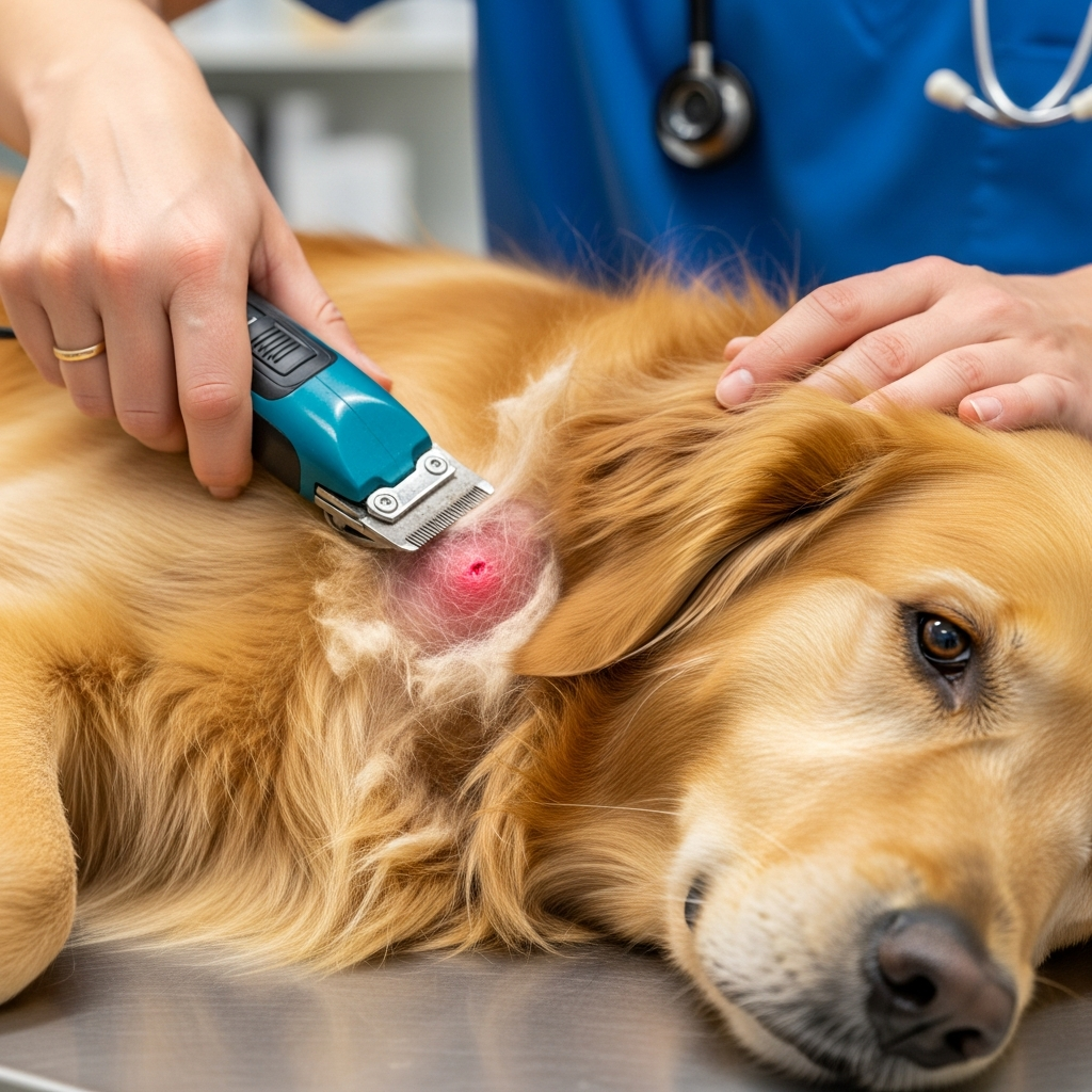 "Veterinarian trimming fur around hot spots on dogs to allow air drying"