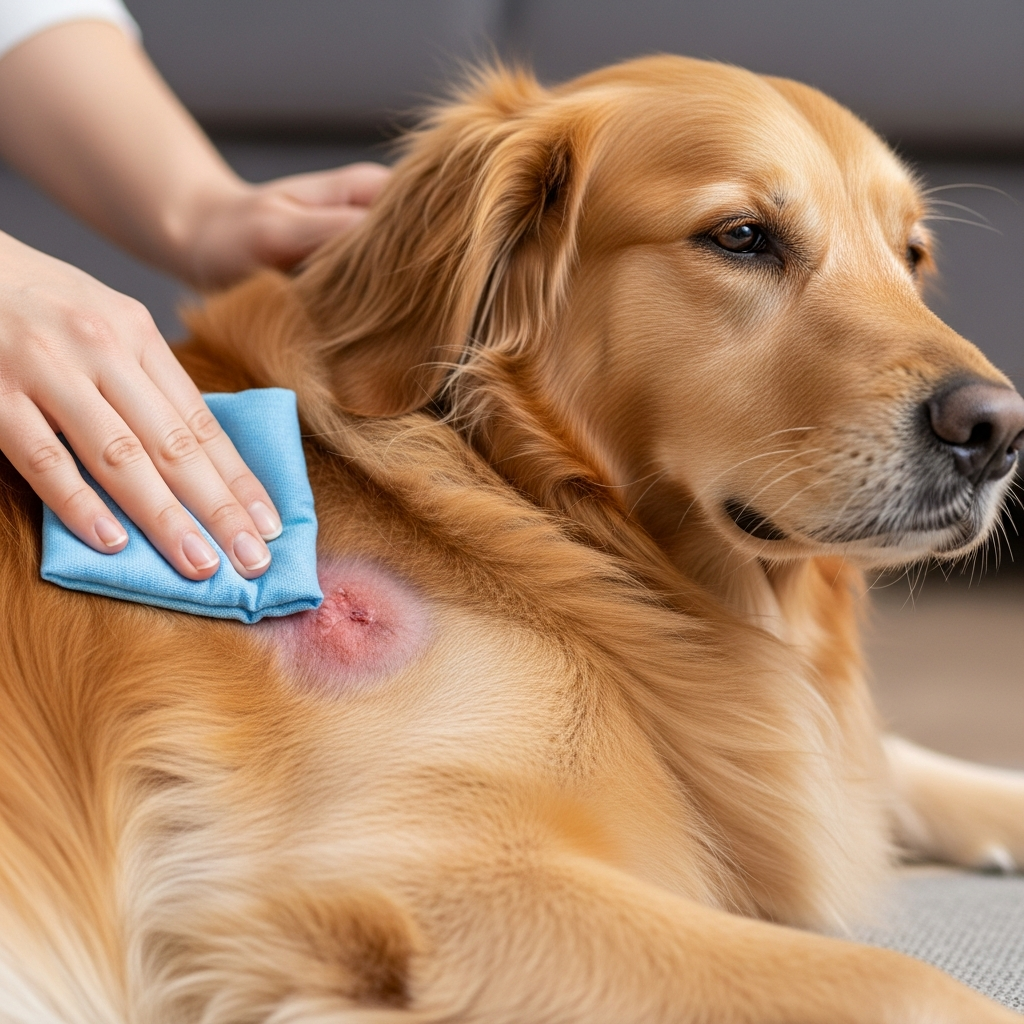 "Applying a cool compress to soothe hot spots on dogs and reduce inflammation"