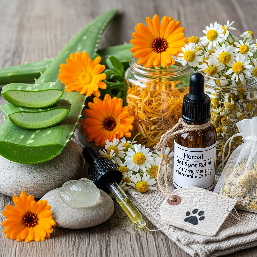 "Natural botanical remedies for treating hot spots on dogs including marigold and chamomile"
