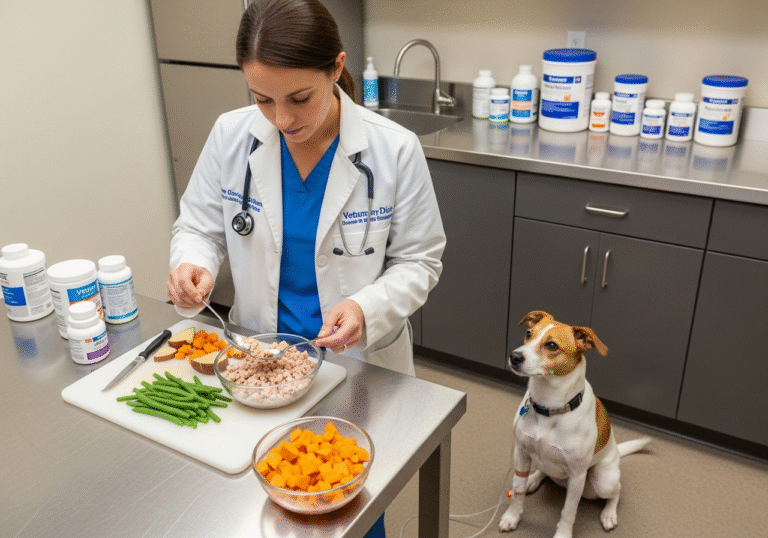 "Veterinarian preparing the best diet for dogs with pancreatitis"