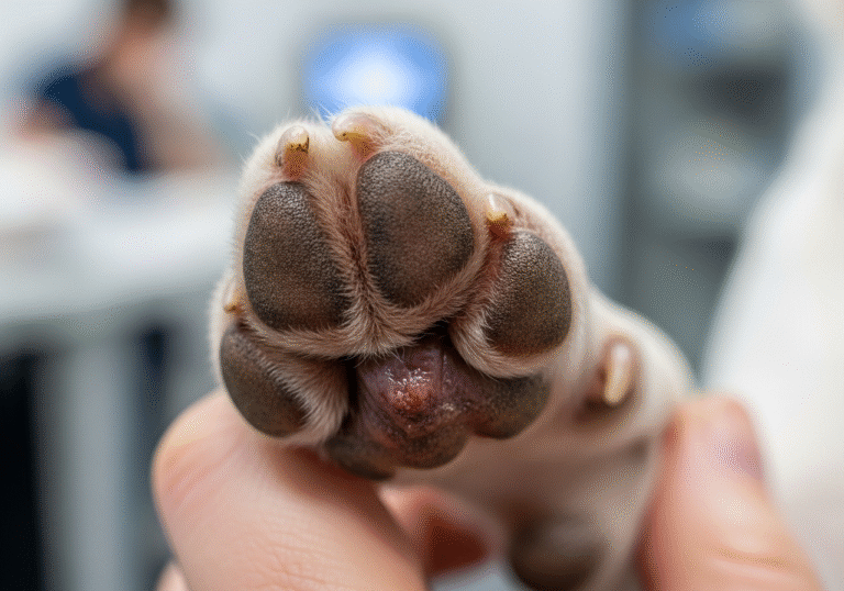 "Close-up of a dog's infected paw showing symptoms of yeast infection in dogs' paws, including redness, swelling, and brownish discoloration between the toes"