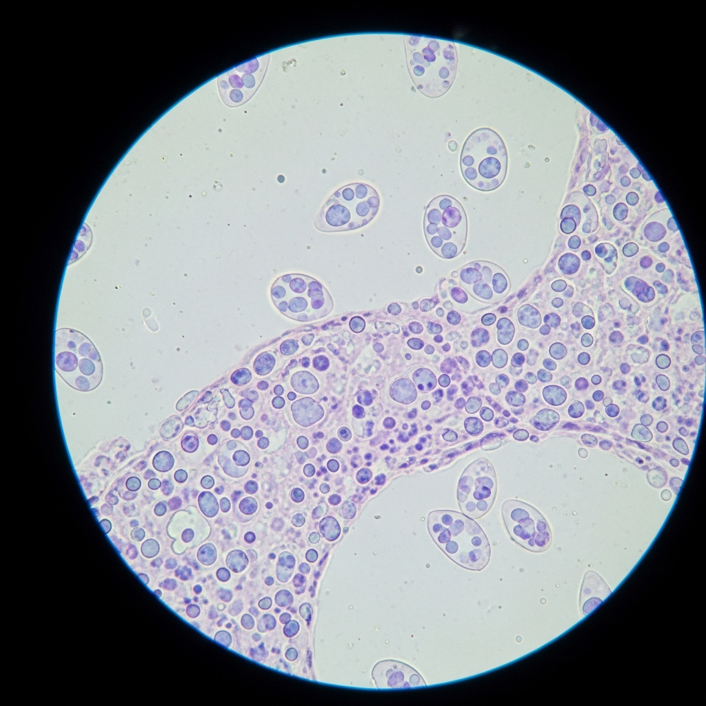 "Microscopic cytology showing Malassezia pachydermatis yeast organisms visible in a dog paw sample, confirming yeast infection in dogs' paws diagnosis"