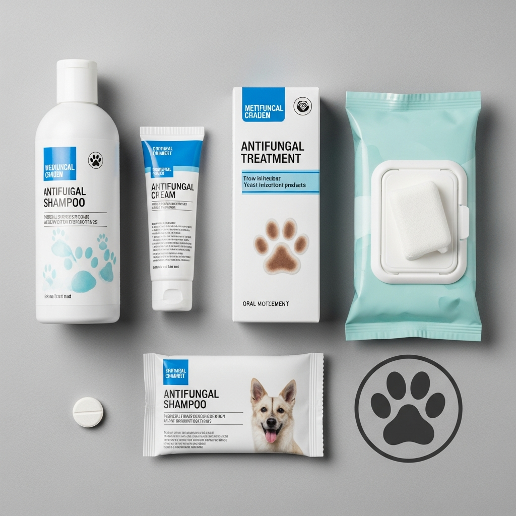 "Assorted topical and systemic antifungal treatment products used to treat yeast infection in dogs' paws, including medicated shampoo, cream, wipes, and oral medication"