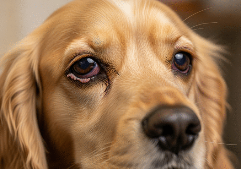 "Cocker Spaniel with eyelid inflammation in dogs showing redness and crusty discharge"