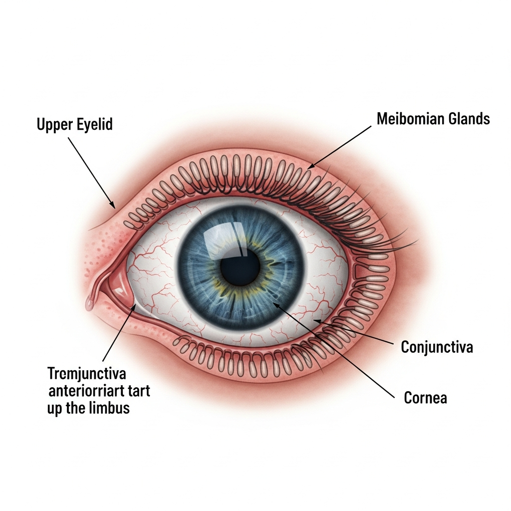 "Anatomical diagram showing meibomian glands affected by eyelid inflammation in dogs"