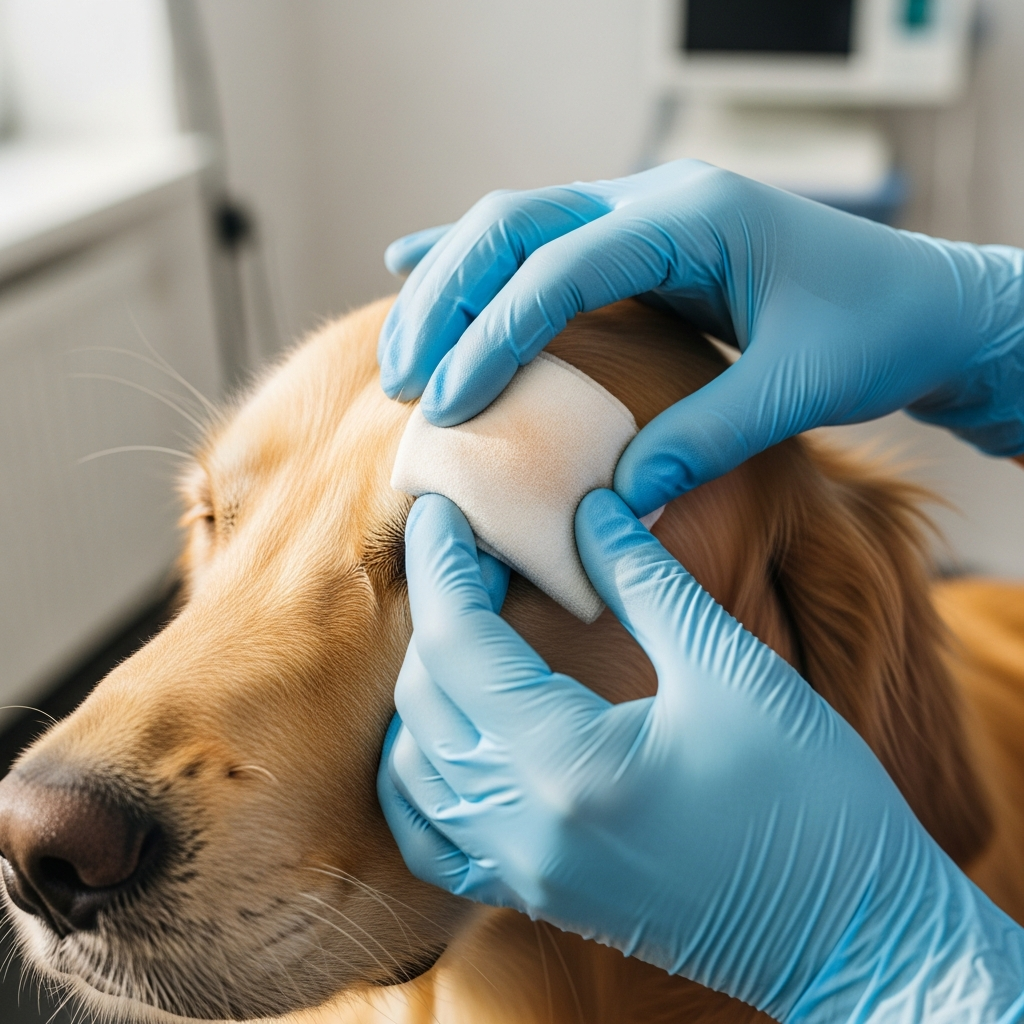 "Veterinarian applying warm compress treatment for eyelid inflammation in dogs"