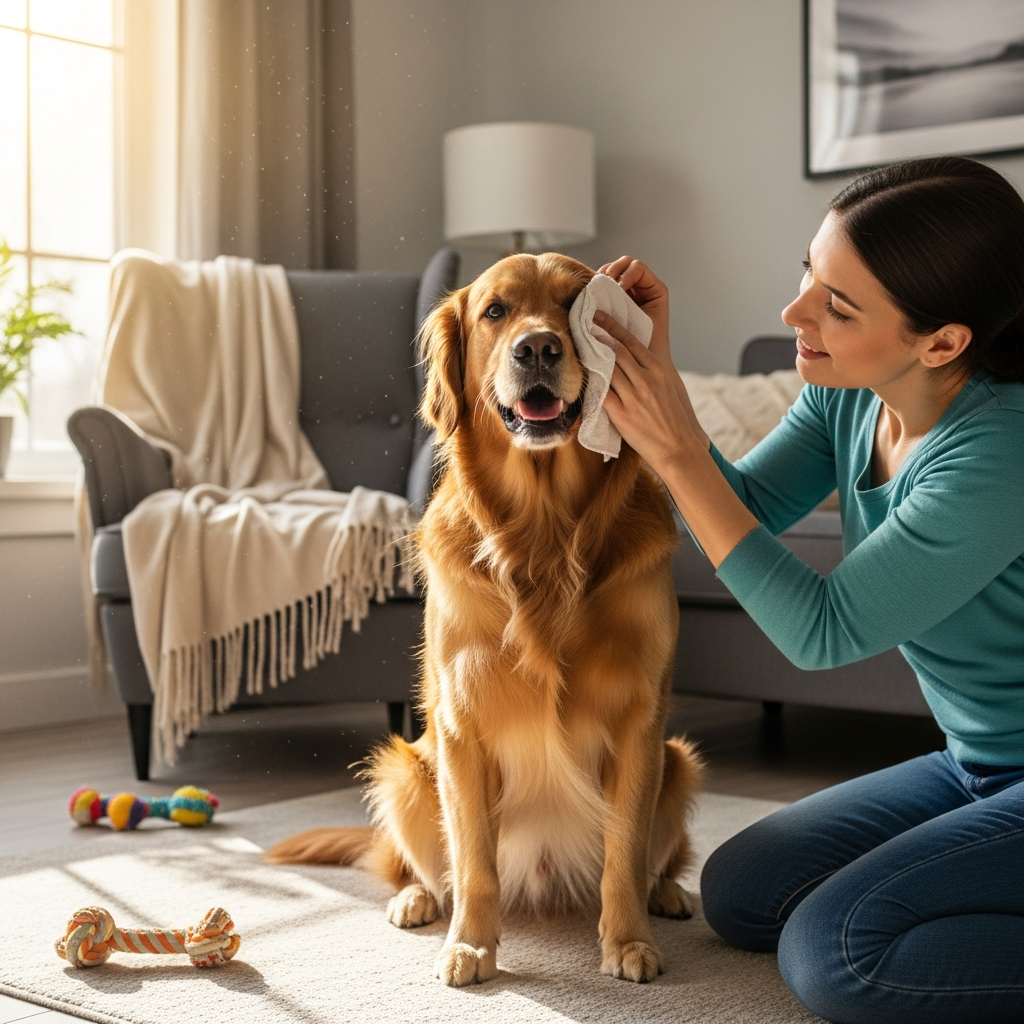 "Owner performing eyelid hygiene to prevent eyelid inflammation in dogs"
