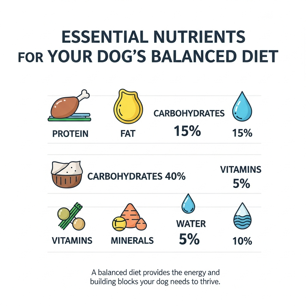 "Infographic chart explaining why a balanced diet matters for dogs with nutrient breakdown"