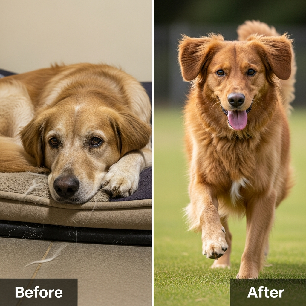 "Before and after comparison demonstrating why a balanced diet matters for dogs"