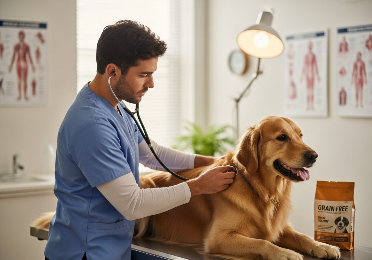 "Veterinarian examining Golden Retriever for grain-free dog food related heart issues in clinic"