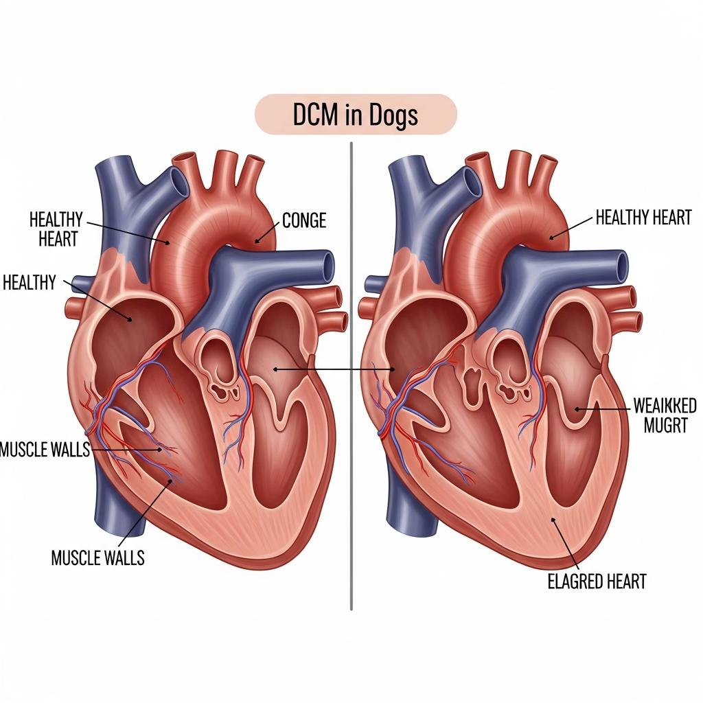 "Dog heart anatomy diagram comparing healthy heart to dilated cardiomyopathy from grain-free dog food"