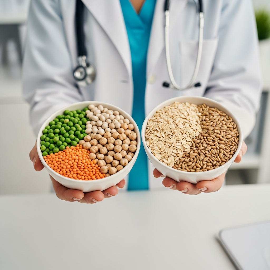 "Veterinarian comparing legume ingredients in grain-free dog food to traditional grain ingredients"