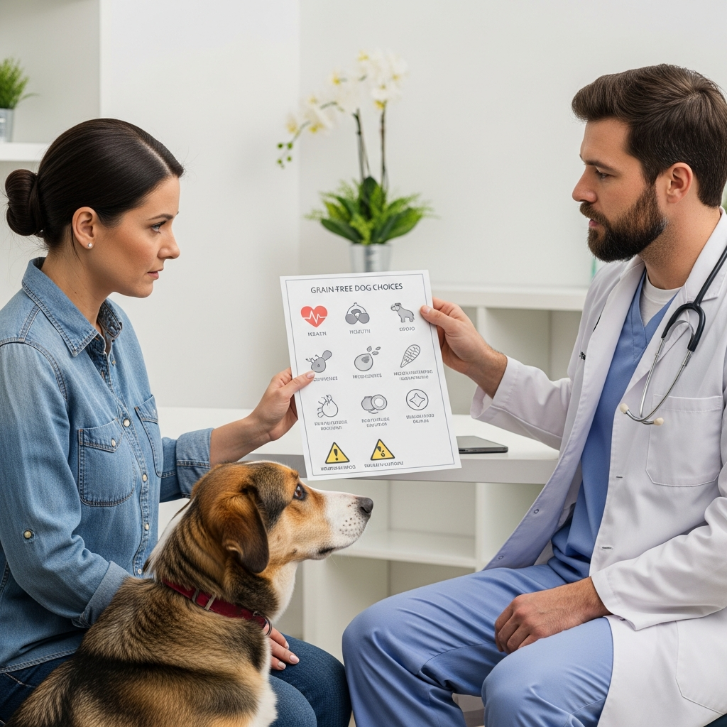 "Veterinarian educating dog owner about grain-free dog food risks and safer dietary choices"