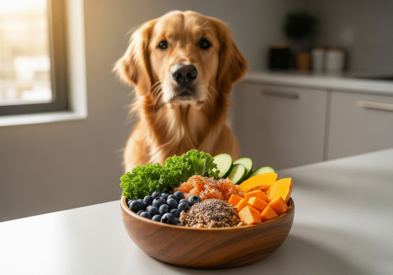 "Health-boosting superfoods for dogs including omega-3 rich salmon and antioxidant blueberries""