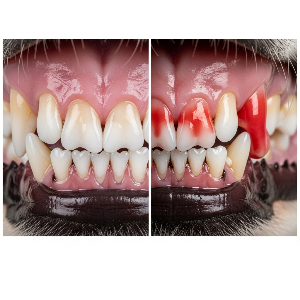 "Comparison of healthy pink dog gums versus bright red dog gums showing inflammation"