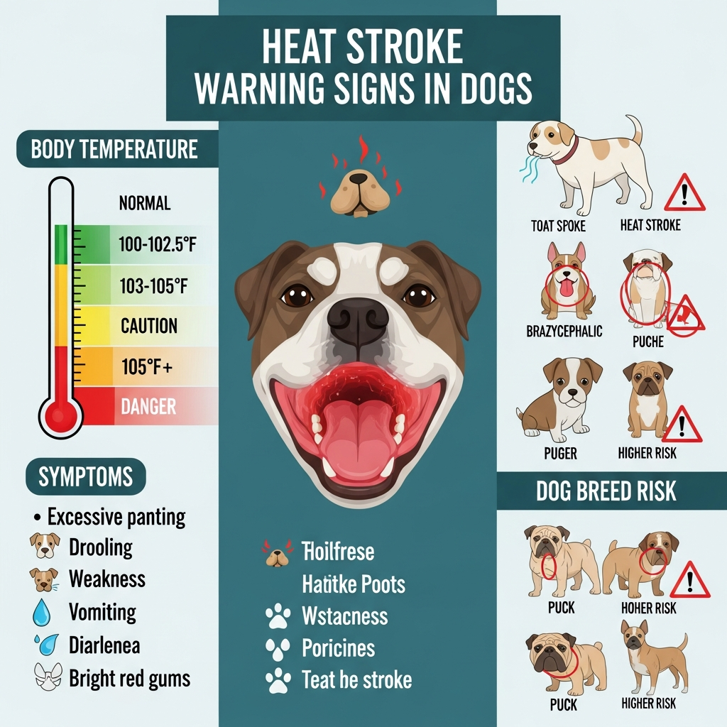"Infographic showing heat stroke symptoms and temperature thresholds in dogs with bright red gums"