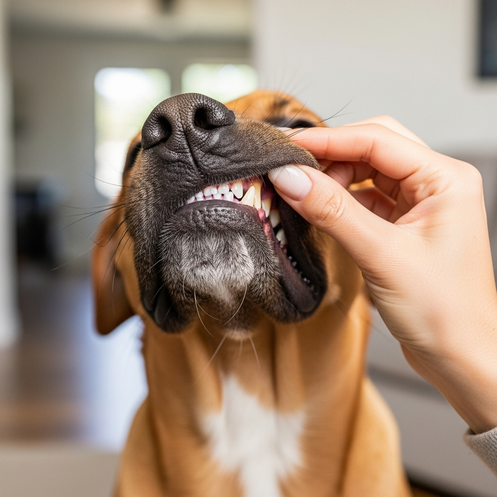 At-home baseline gum color assessment (owner gently lifting dog's lip)