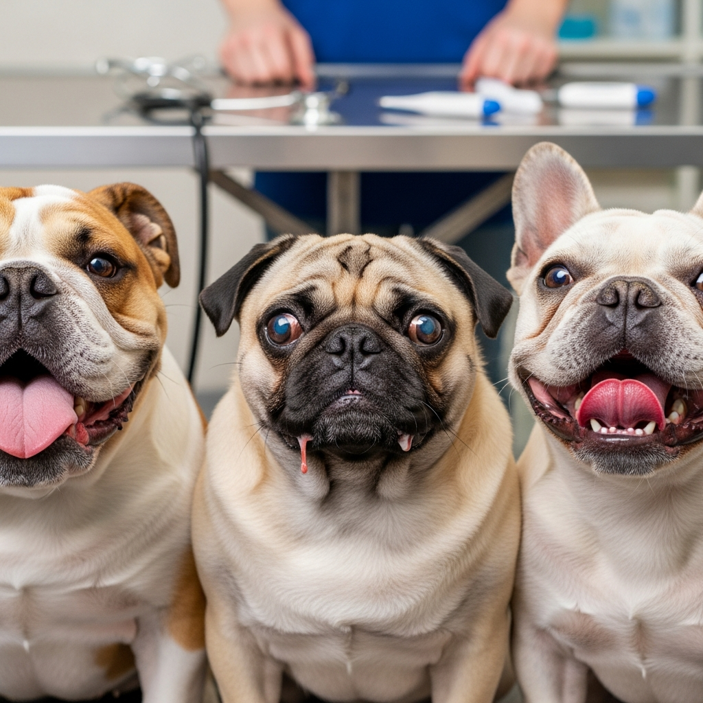 "Flat-faced dog breeds at higher risk for heat-related bright red gums including Bulldogs and Pugs"