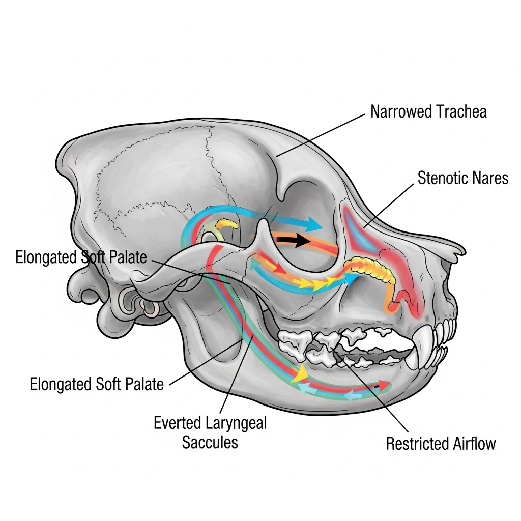 "Anatomical diagram explaining why small dog panting after minimal exercise occurs in brachycephalic breeds"