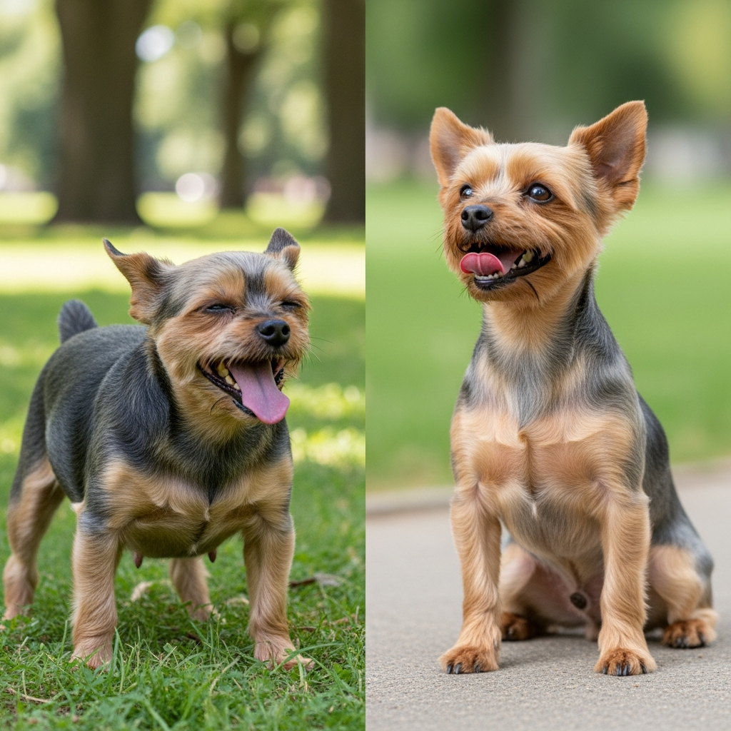 "Weight comparison showing impact on small dog panting after minimal exercise in Yorkshire Terriers"