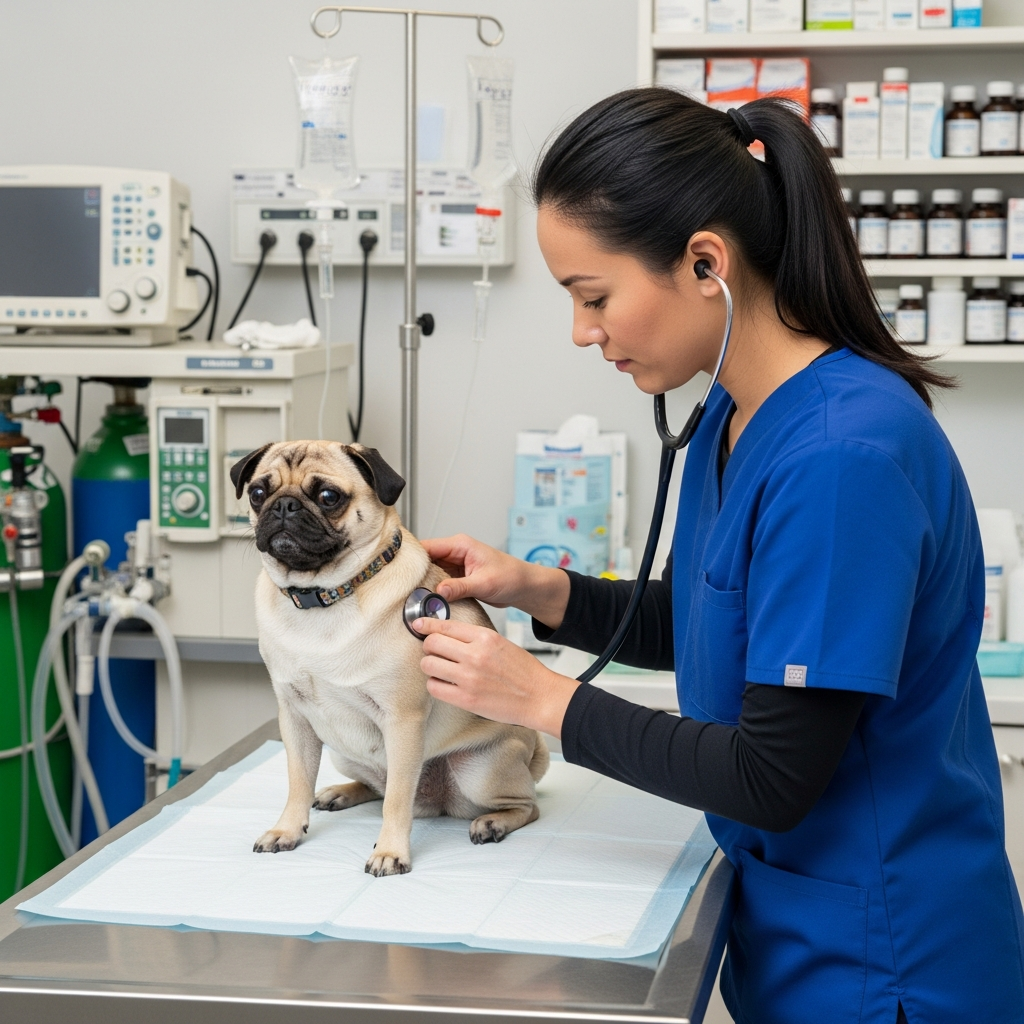 "Veterinarian diagnosing causes of small dog panting after minimal exercise during cardiac examination"