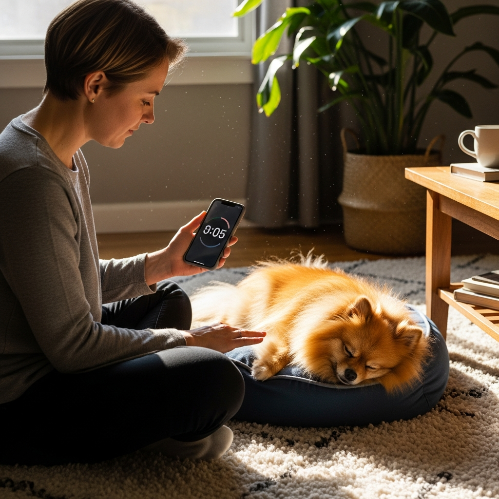 "Owner monitoring resting respiratory rate to assess small dog panting after minimal exercise at home"