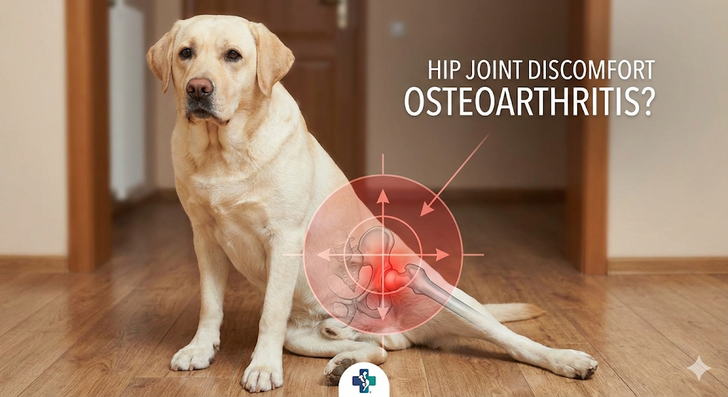 A dog performing a "lazy sit," one of the subtle signs of arthritis in dogs regarding weight shifting