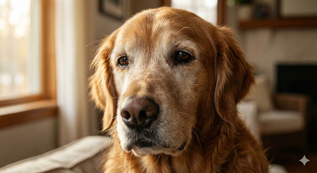 Golden Retriever showing early signs of arthritis in dogs like fatigue and reluctance to move.
