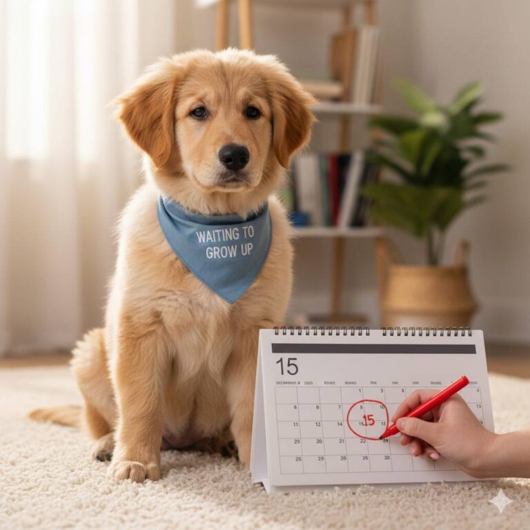 Veterinarian discusses spaying and neutering in dogs using a calendar chart.