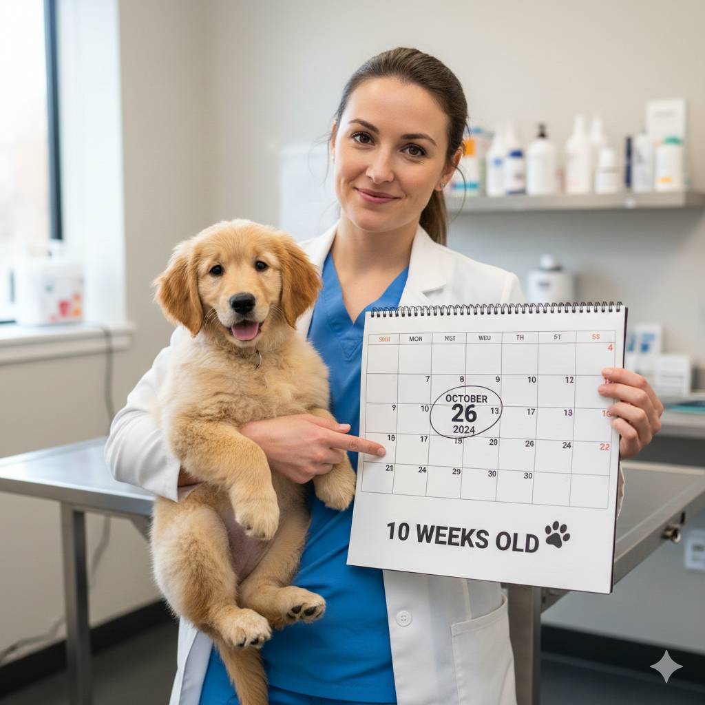 Veterinarian discusses spaying and neutering in dogs using a calendar chart.