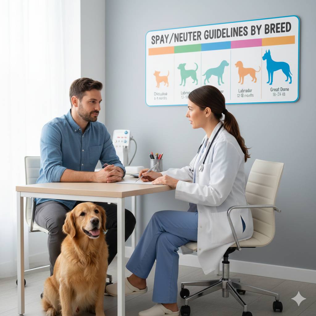 Veterinarian discusses spaying and neutering in dogs using a calendar chart.
